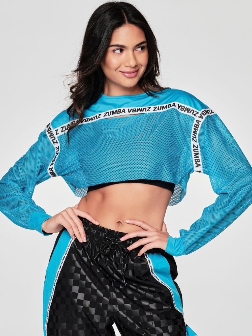 Zumba Creatives Unite Neon Blue Mesh Crop Top - Size Small